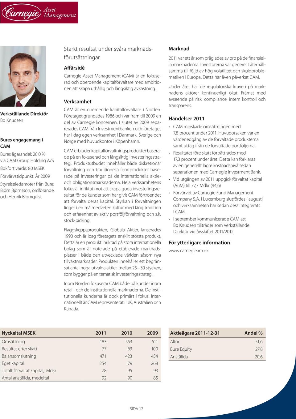 Affärsidé Carnegie Asset Management (CAM) är en fokuserad och oberoende kapitalförvaltare med ambitionen att skapa uthållig och långsiktig avkastning.