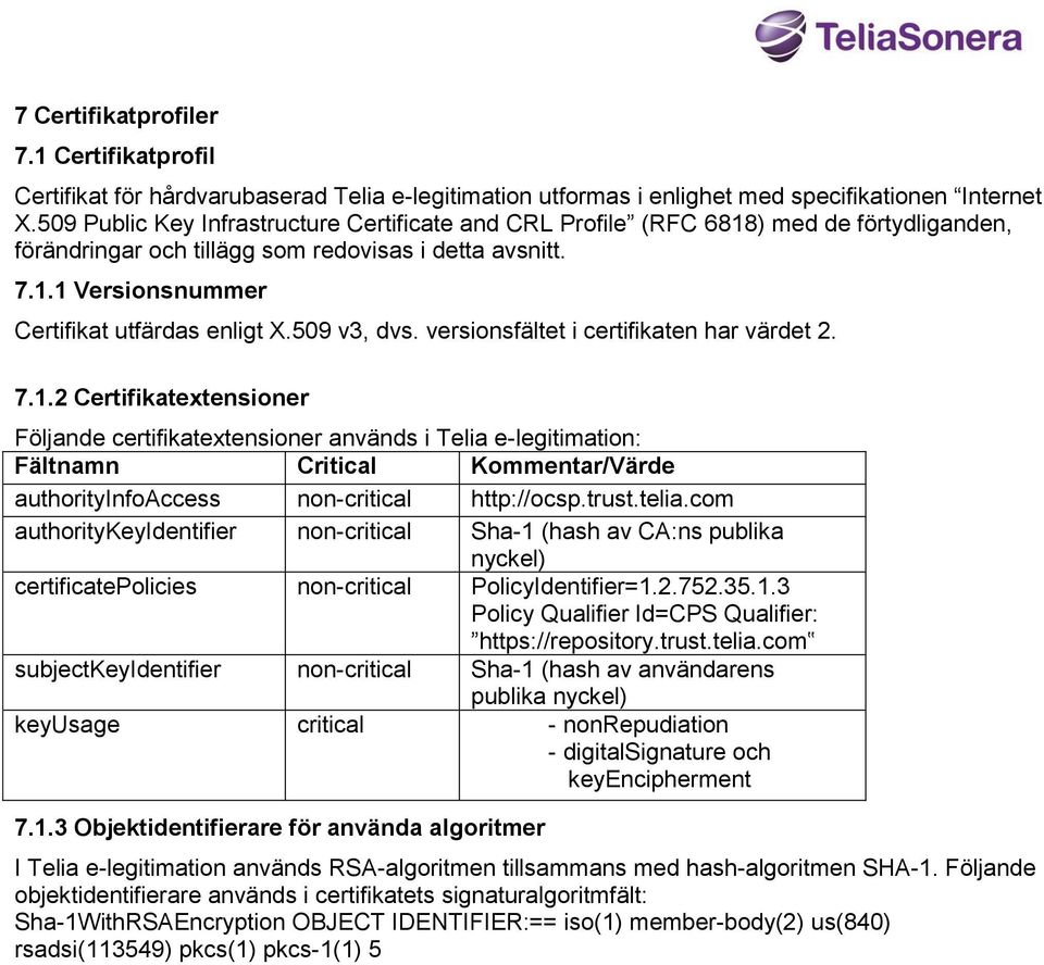 509 v3, dvs. versionsfältet i certifikaten har värdet 2. 7.1.