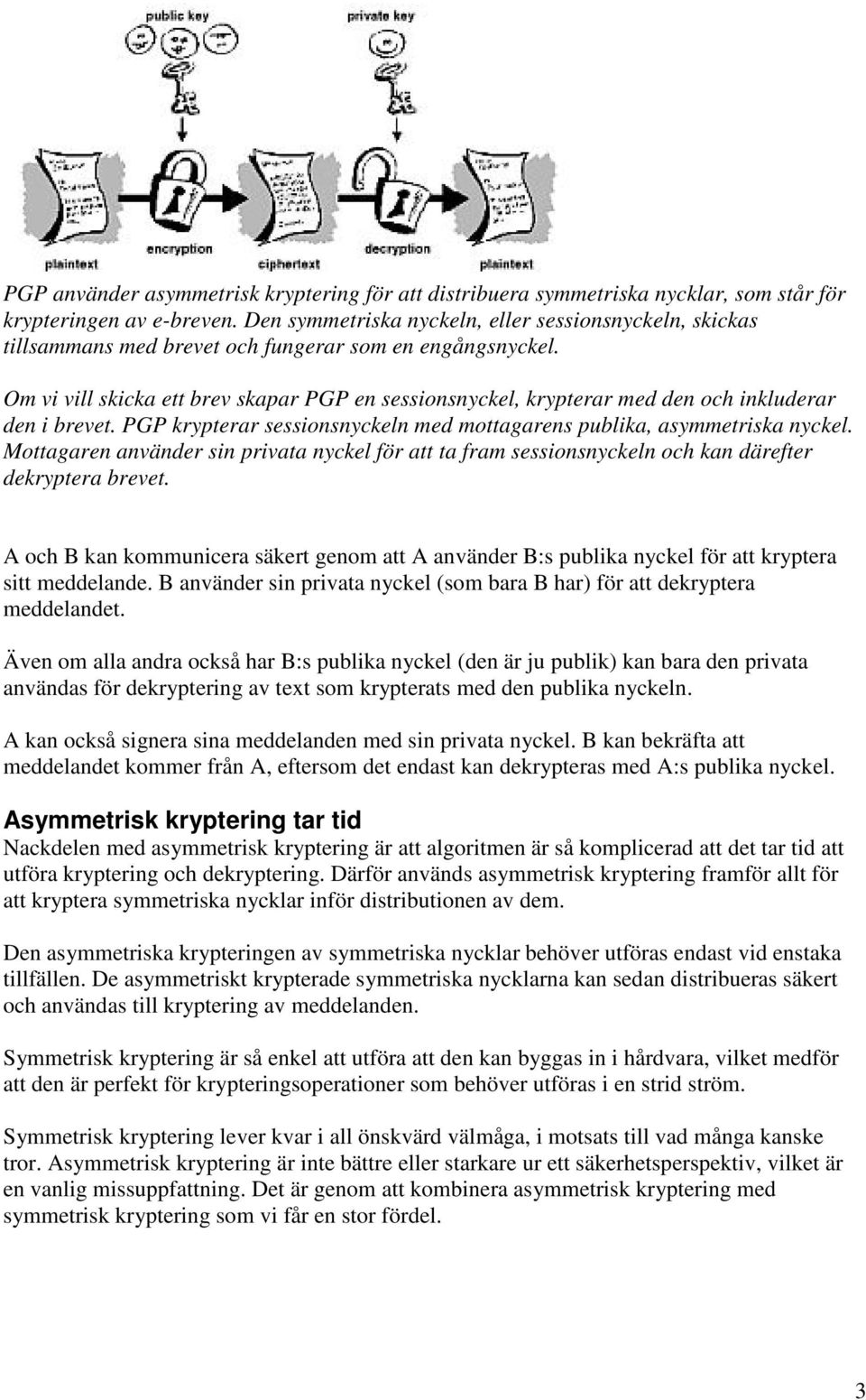 Om vi vill skicka ett brev skapar PGP en sessionsnyckel, krypterar med den och inkluderar den i brevet. PGP krypterar sessionsnyckeln med mottagarens publika, asymmetriska nyckel.