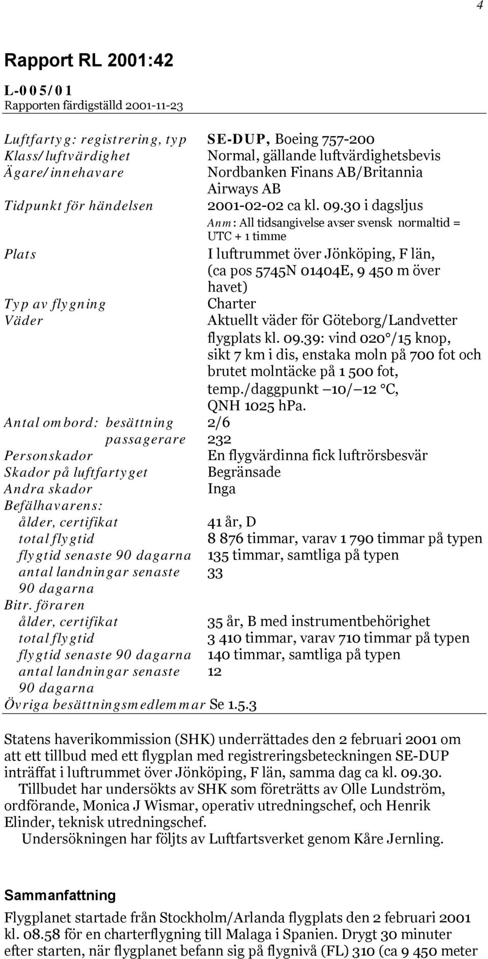 30 i dagsljus Anm: All tidsangivelse avser svensk normaltid = UTC + 1 timme Plats I luftrummet över Jönköping, F län, (ca pos 5745N 01404E, 9 450 m över havet) Typ av flygning Charter Väder Aktuellt