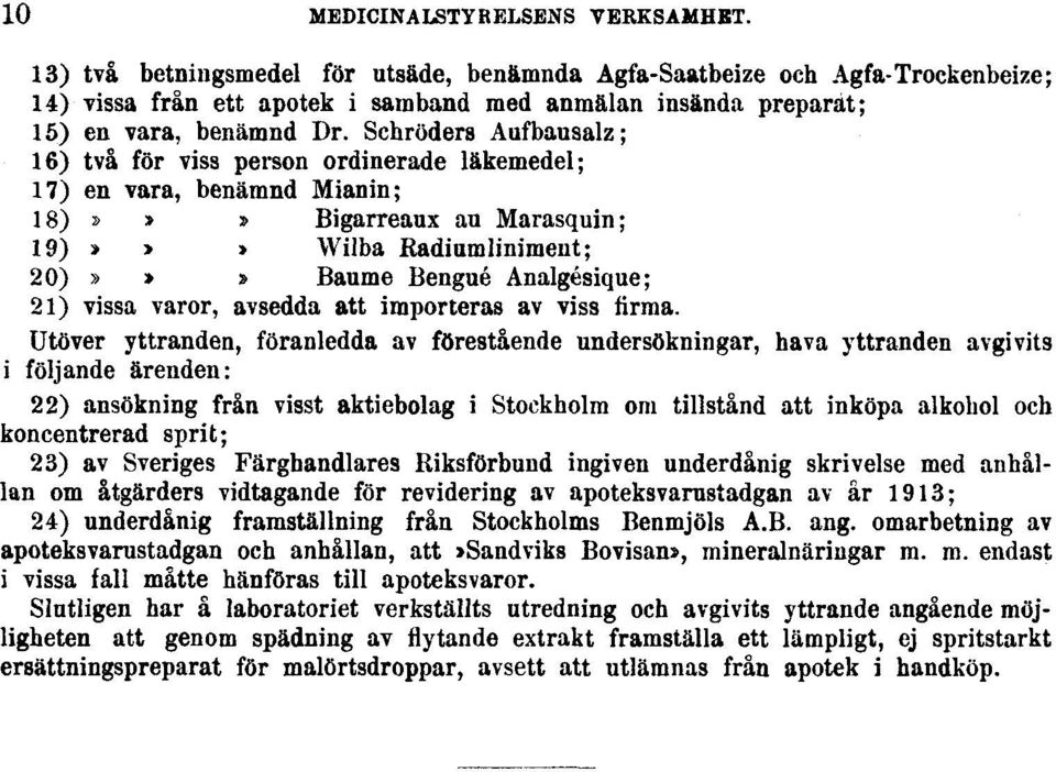 Schröders Aufbausalz; 16) två för viss person ordinerade läkemedel; 17) en vara, benämnd Mianin; 18)»»» Bigarreaux au Marasquin; 19)»»» Wilba Radium liniment; 20)»»» Baume Bengué Analgésique; 21)