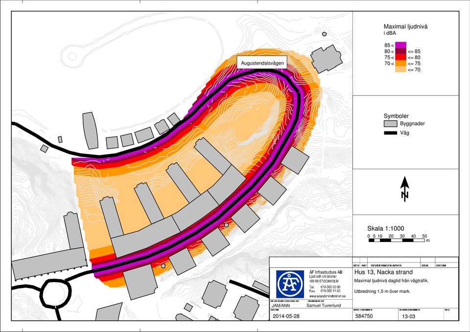 30 40 50 m Hus 13, Nacka strand Maximal ljudnivå dagtid från vägtrafik.