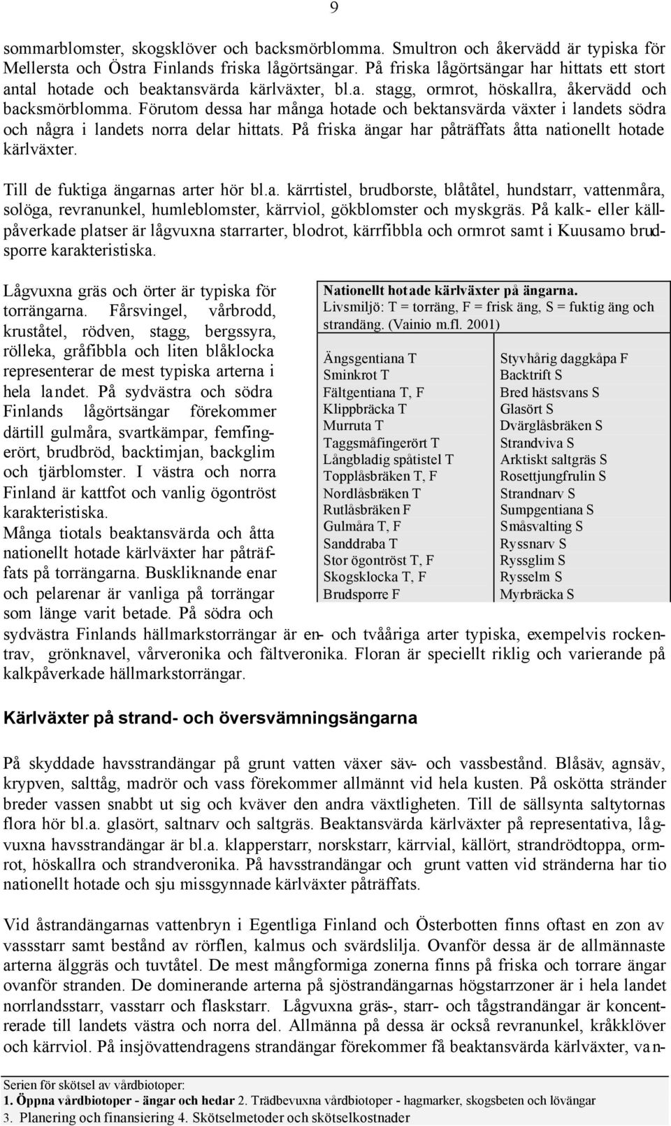 Förutom dessa har många hotade och bektansvärda växter i landets södra och några i landets norra delar hittats. På friska ängar har påträffats åtta nationellt hotade kärlväxter.