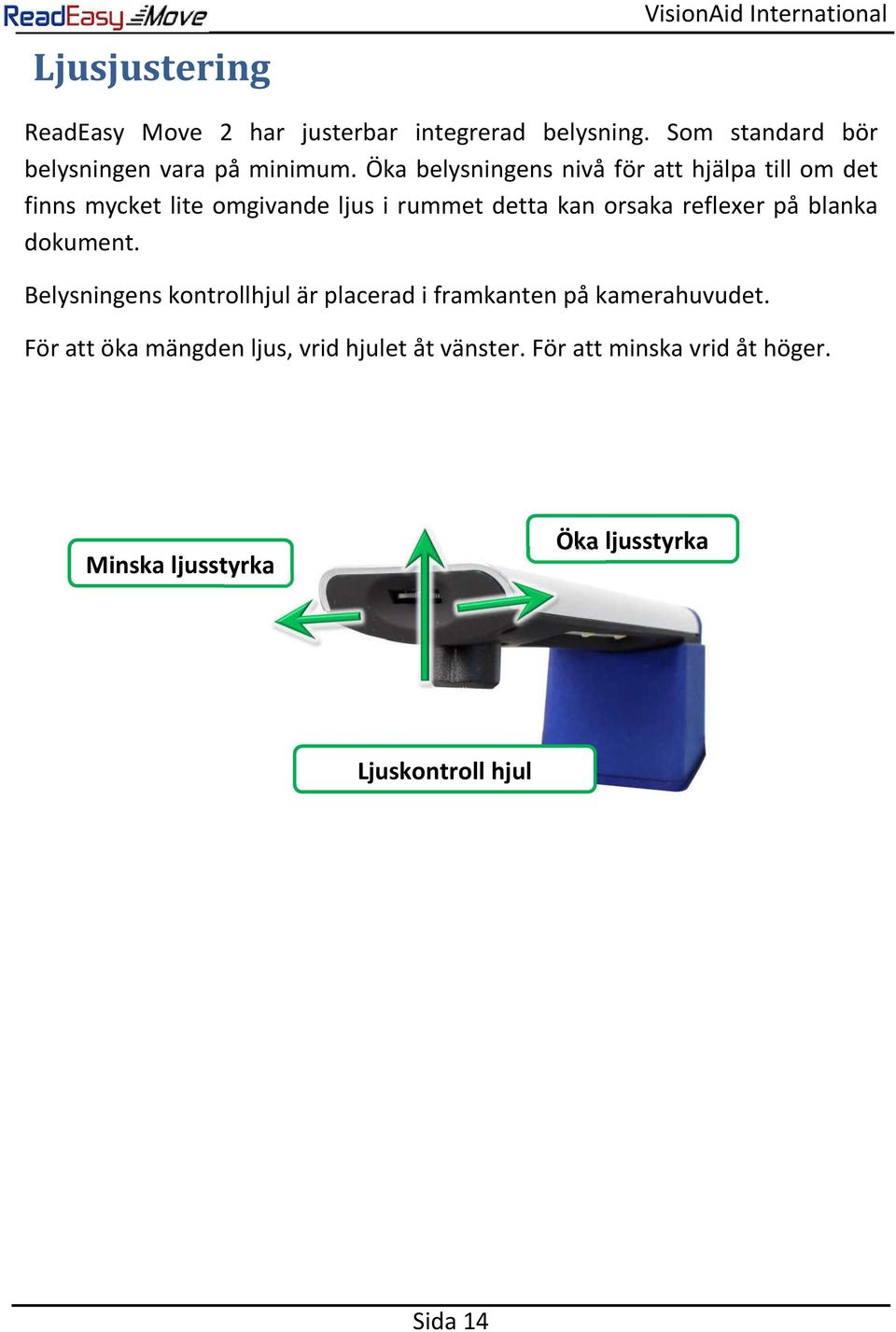 reflexer på blanka dokument. Belysningens kontrollhjul är placerad i framkanten på kamerahuvudet.