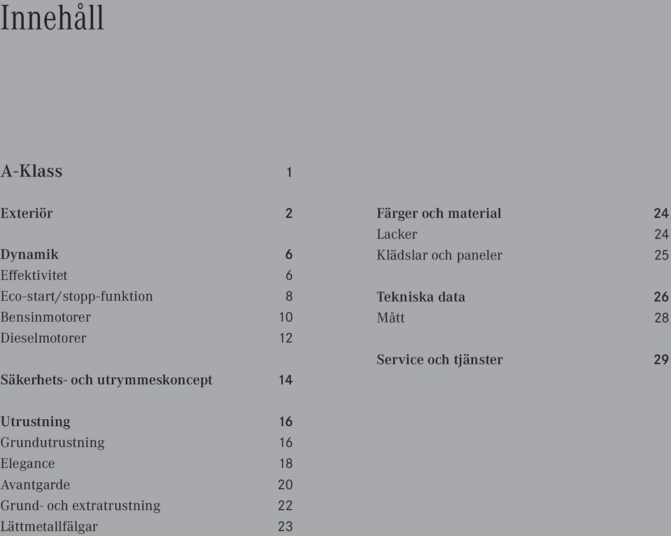 Lacker 24 Klädslar och paneler 25 Tekniska data 26 Mått 28 Service och tjänster 29