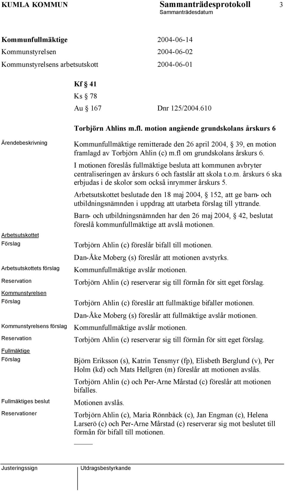 Kommunfullmäktige remitterade den 26 april 2004, 39, en motion framlagd av Torbjörn Ahlin (c) m.fl om grundskolans årskurs 6.