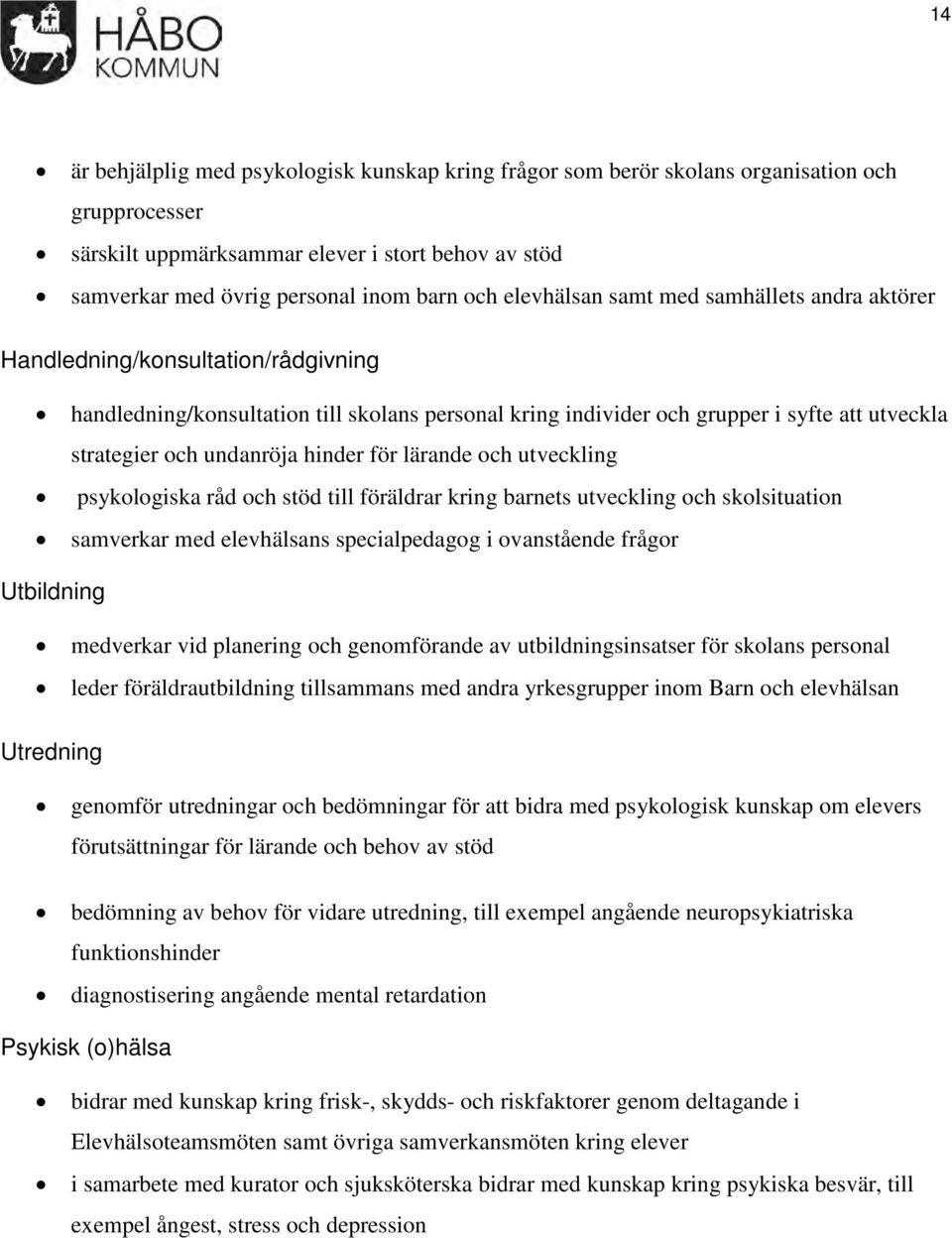 undanröja hinder för lärande och utveckling psykologiska råd och stöd till föräldrar kring barnets utveckling och skolsituation samverkar med elevhälsans specialpedagog i ovanstående frågor