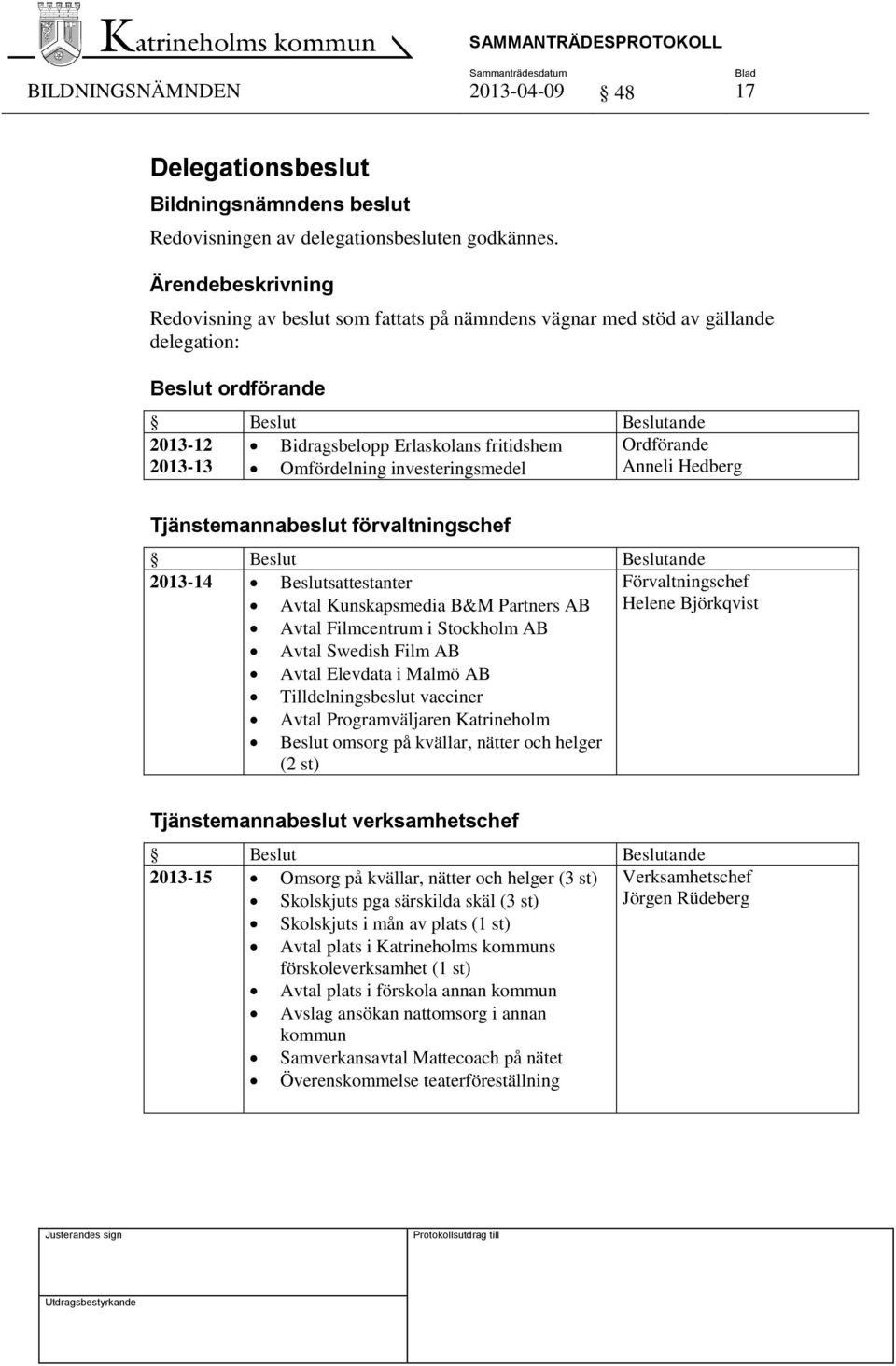 2013-13 Omfördelning investeringsmedel Anneli Hedberg Tjänstemannabeslut förvaltningschef Beslut Beslutande 2013-14 Beslutsattestanter Förvaltningschef Avtal Kunskapsmedia B&M Partners AB Helene