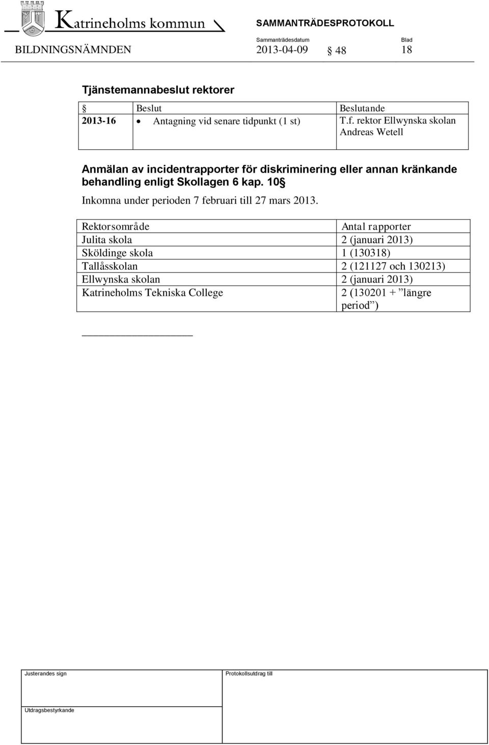 Skollagen 6 kap. 10 Inkomna under perioden 7 februari till 27 mars 2013.