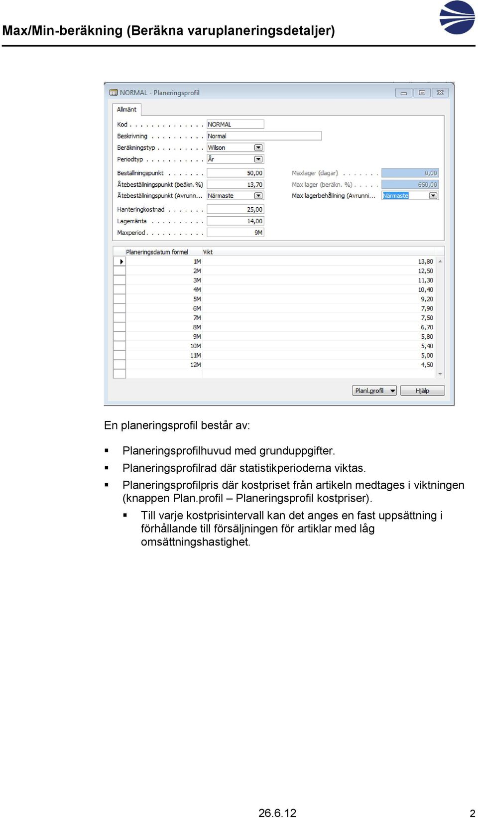 Planeringsprofilpris där kostpriset från artikeln medtages i viktningen (knappen Plan.