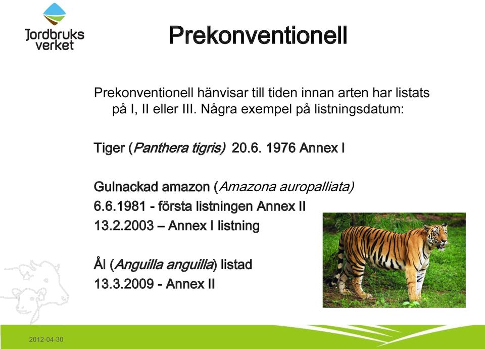 1976 Annex I Gulnackad amazon (Amazona auropalliata) 6.6.1981 - första listningen Annex II 13.