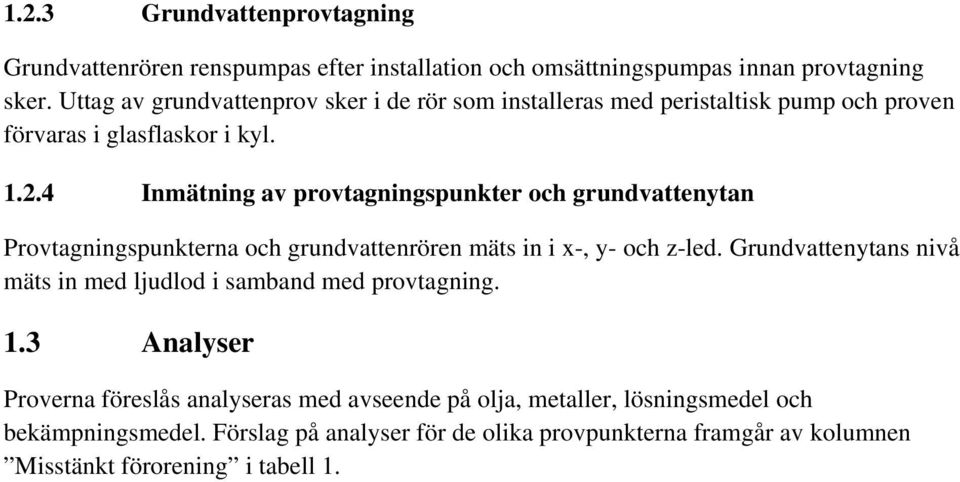 4 Inmätning av provtagningspunkter och grundvattenytan Provtagningspunkterna och grundvattenrören mäts in i x-, y- och z-led.