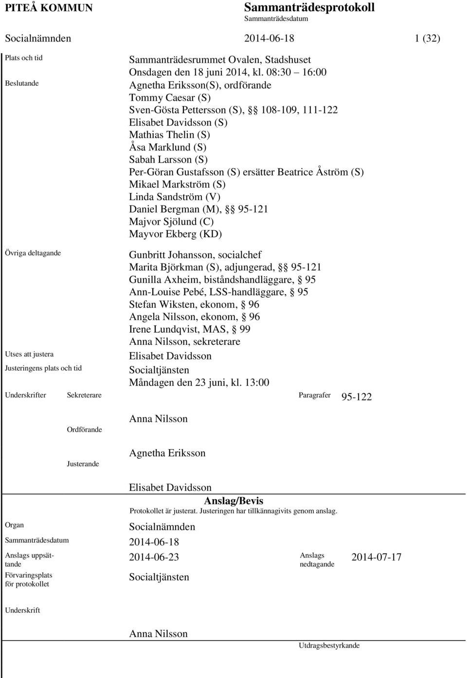 Gustafsson (S) ersätter Beatrice Åström (S) Mikael Markström (S) Linda Sandström (V) Daniel Bergman (M), 95-121 Majvor Sjölund (C) Mayvor Ekberg (KD) Övriga deltagande Utses att justera Justeringens