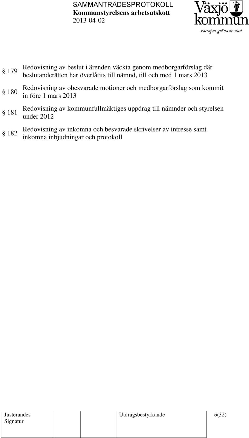 kommit in före 1 mars 2013 Redovisning av kommunfullmäktiges uppdrag till nämnder och styrelsen under 2012