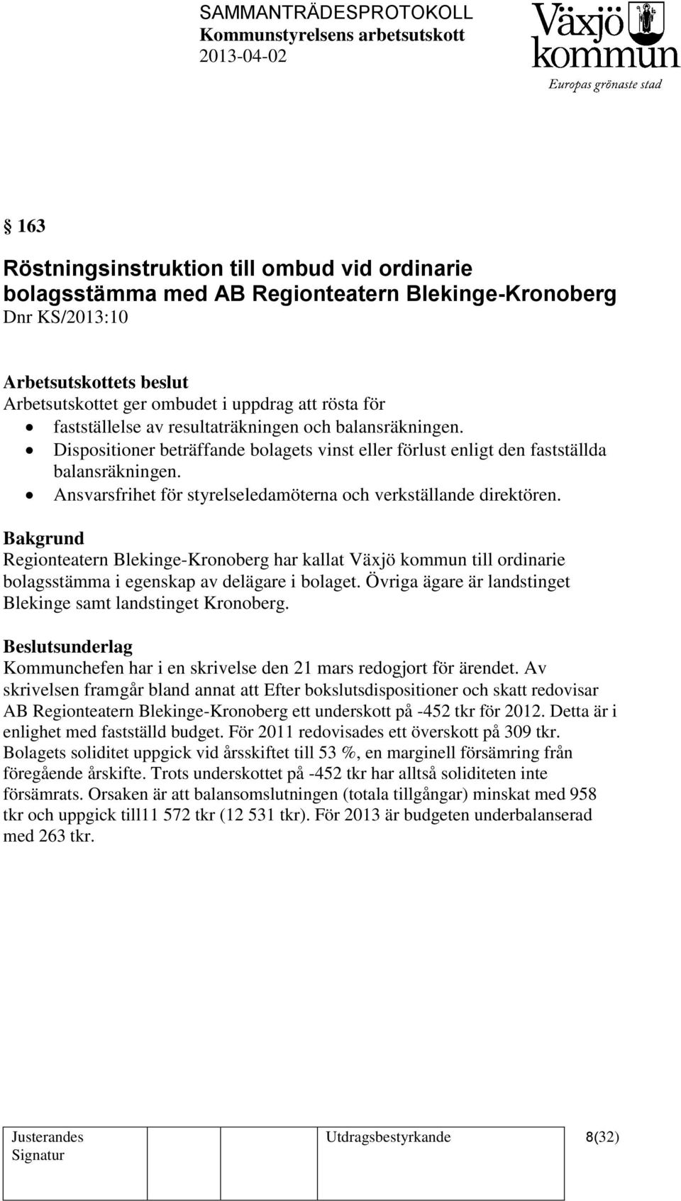 Ansvarsfrihet för styrelseledamöterna och verkställande direktören. Regionteatern Blekinge-Kronoberg har kallat Växjö kommun till ordinarie bolagsstämma i egenskap av delägare i bolaget.