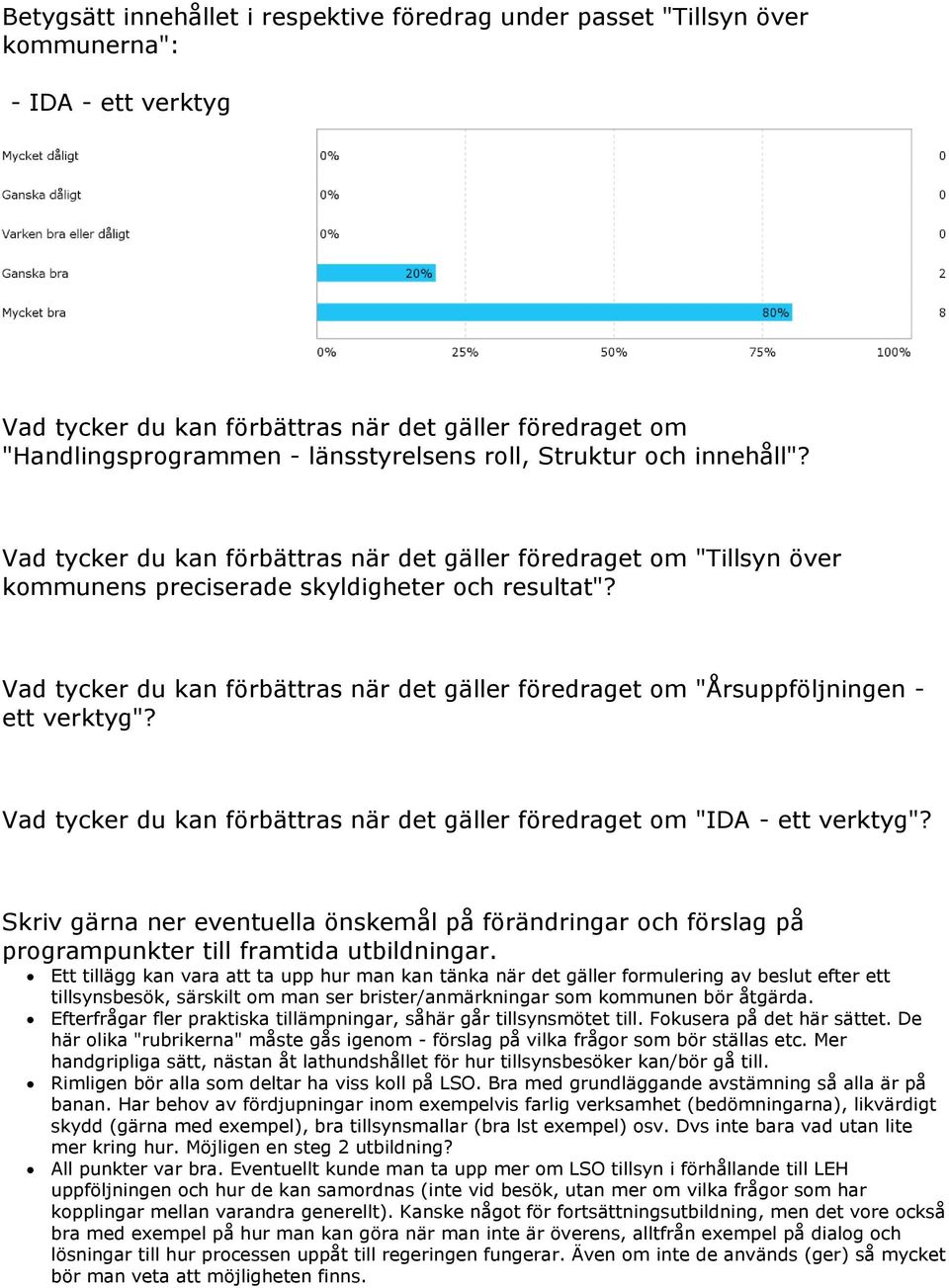 Vad tycker du kan förbättras när det gäller föredraget om "Årsuppföljningen - ett verktyg"? Vad tycker du kan förbättras när det gäller föredraget om "IDA - ett verktyg"?