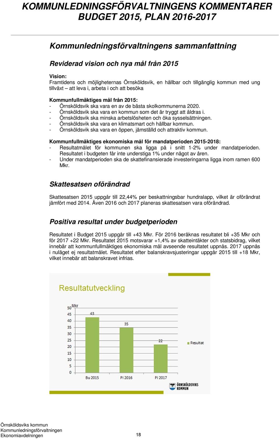 - Örnsköldsvik ska vara en kommun som det är tryggt att åldras i. - Örnsköldsvik ska minska arbetslösheten och öka sysselsättningen. - Örnsköldsvik ska vara en klimatsmart och hållbar kommun.