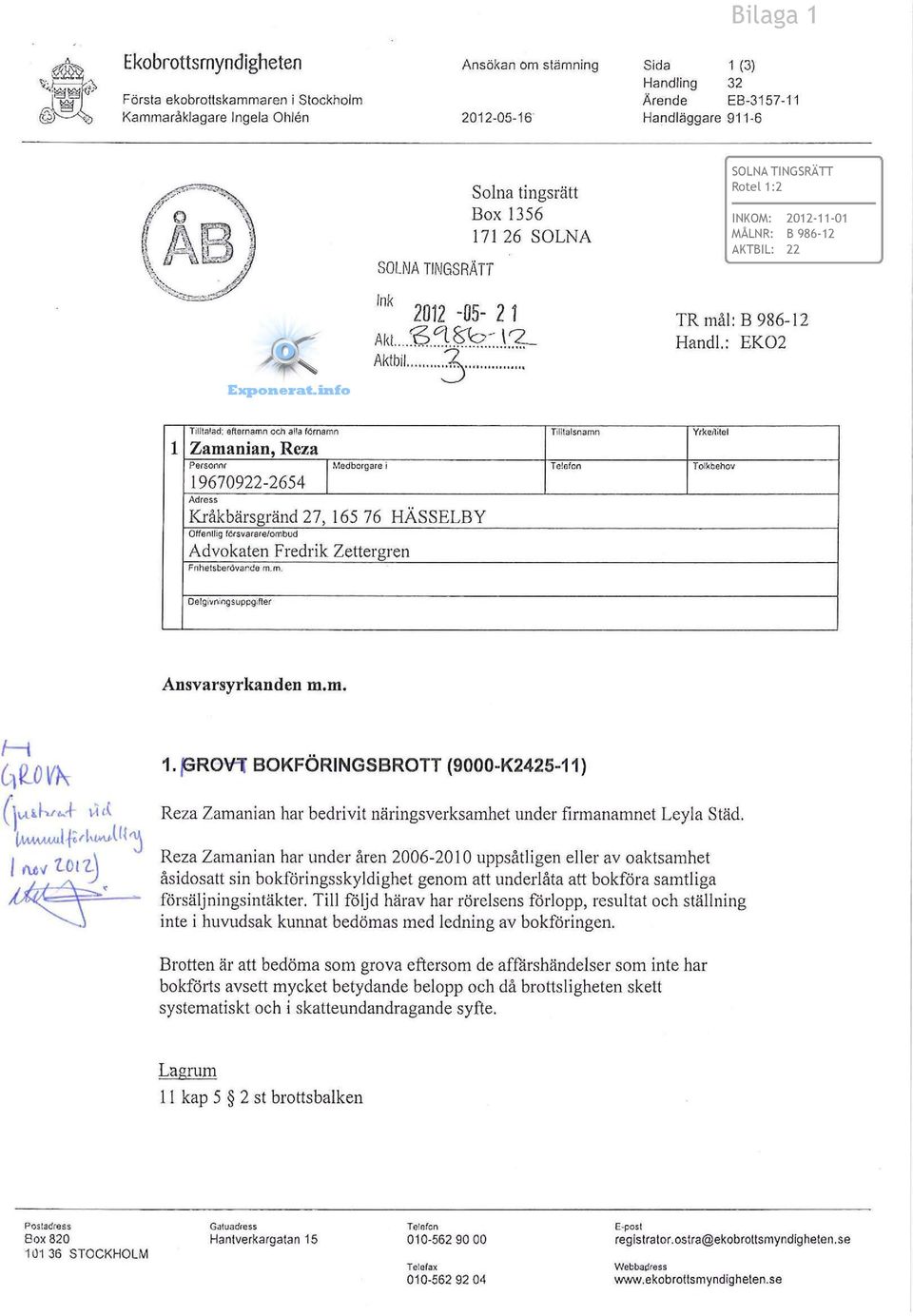 .: EK02 l Tillta 1 ad: efternamn och alla fornamn Tilltalsnamn Zamanian, Reza Personor l Medborgare i Telefon 19670922-2654 Adress Kråkbärsgränd 27, 165 76 HÄSSELBY Offentlig rörsvarare/ombud