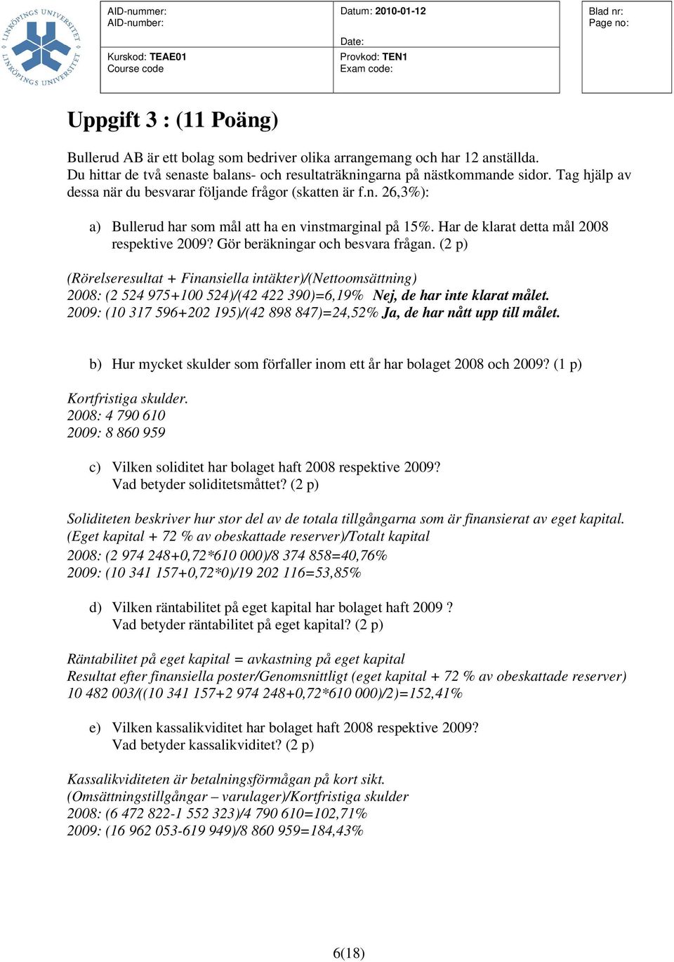 Gör beräkningar och besvara frågan. (2 p) (Rörelseresultat + Finansiella intäkter)/(nettoomsättning) 2008: (2 524 975+100 524)/(42 422 390)=6,19% Nej, de har inte klarat målet.