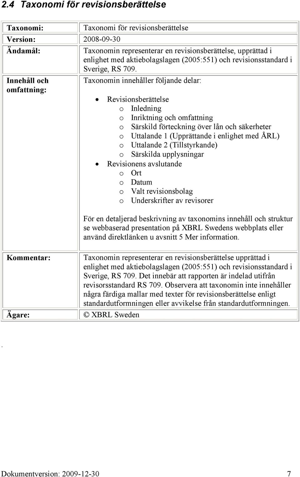 Innehåll och omfattning: Taxonomin innehåller följande delar: Revisionsberättelse o Inledning o Inriktning och omfattning o Särskild förteckning över lån och säkerheter o Uttalande 1 (Upprättande i