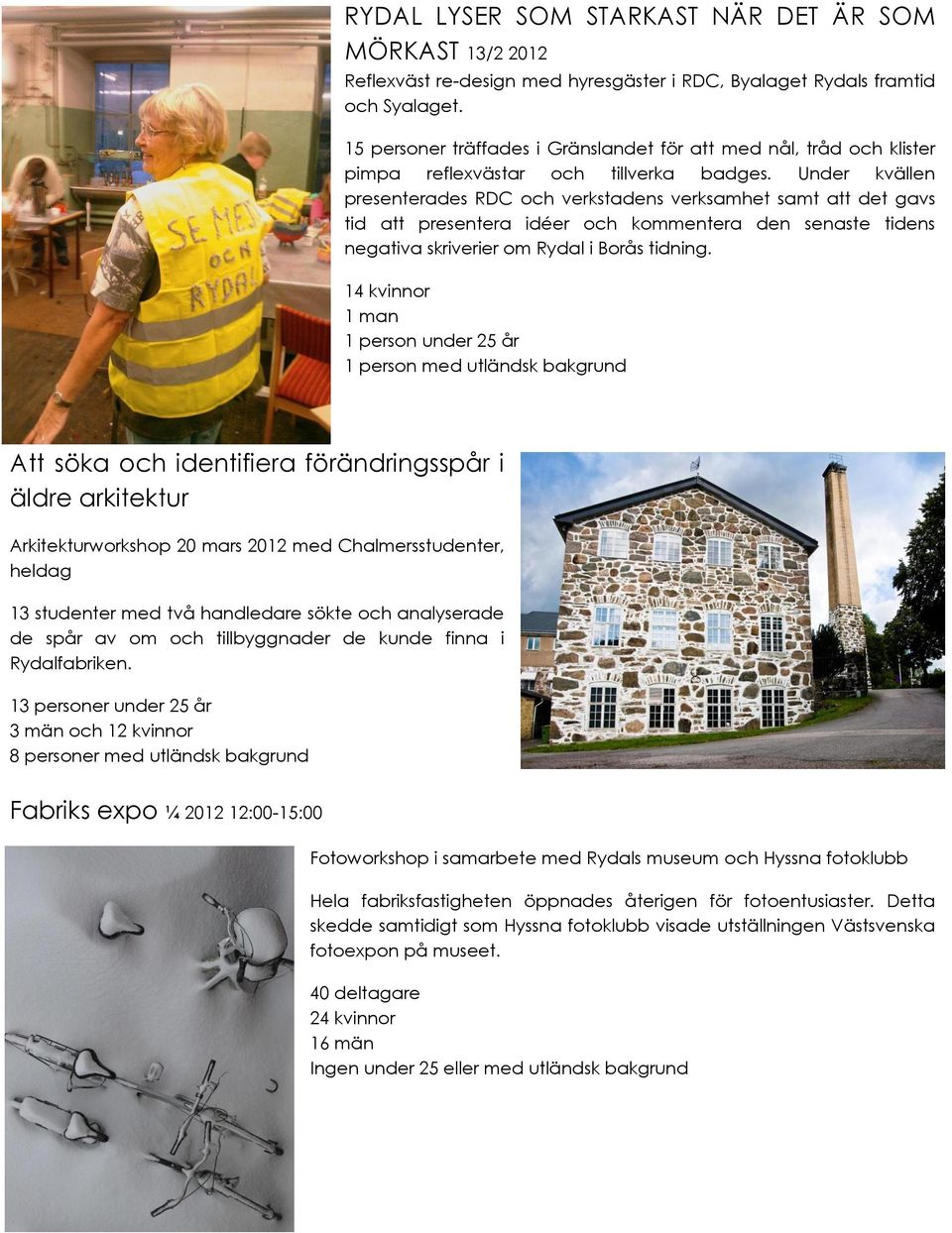 Under kvällen presenterades RDC och verkstadens verksamhet samt att det gavs tid att presentera idéer och kommentera den senaste tidens negativa skriverier om Rydal i Borås tidning.