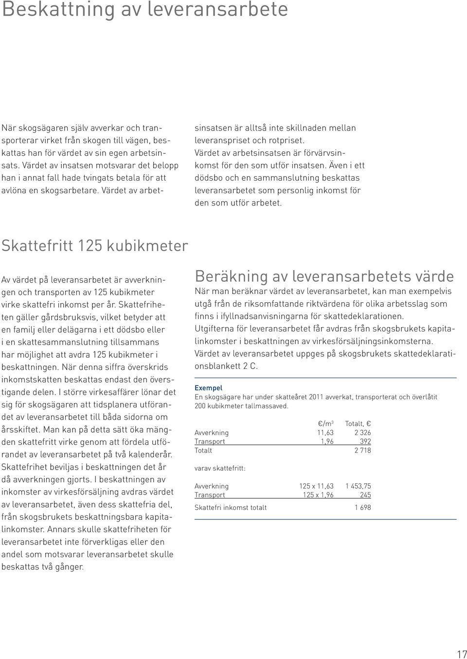 Värdet av arbetsinsatsen är förvärvsinkomst för den som utför insatsen. Även i ett dödsbo och en sammanslutning beskattas leveransarbetet som personlig inkomst för den som utför arbetet.