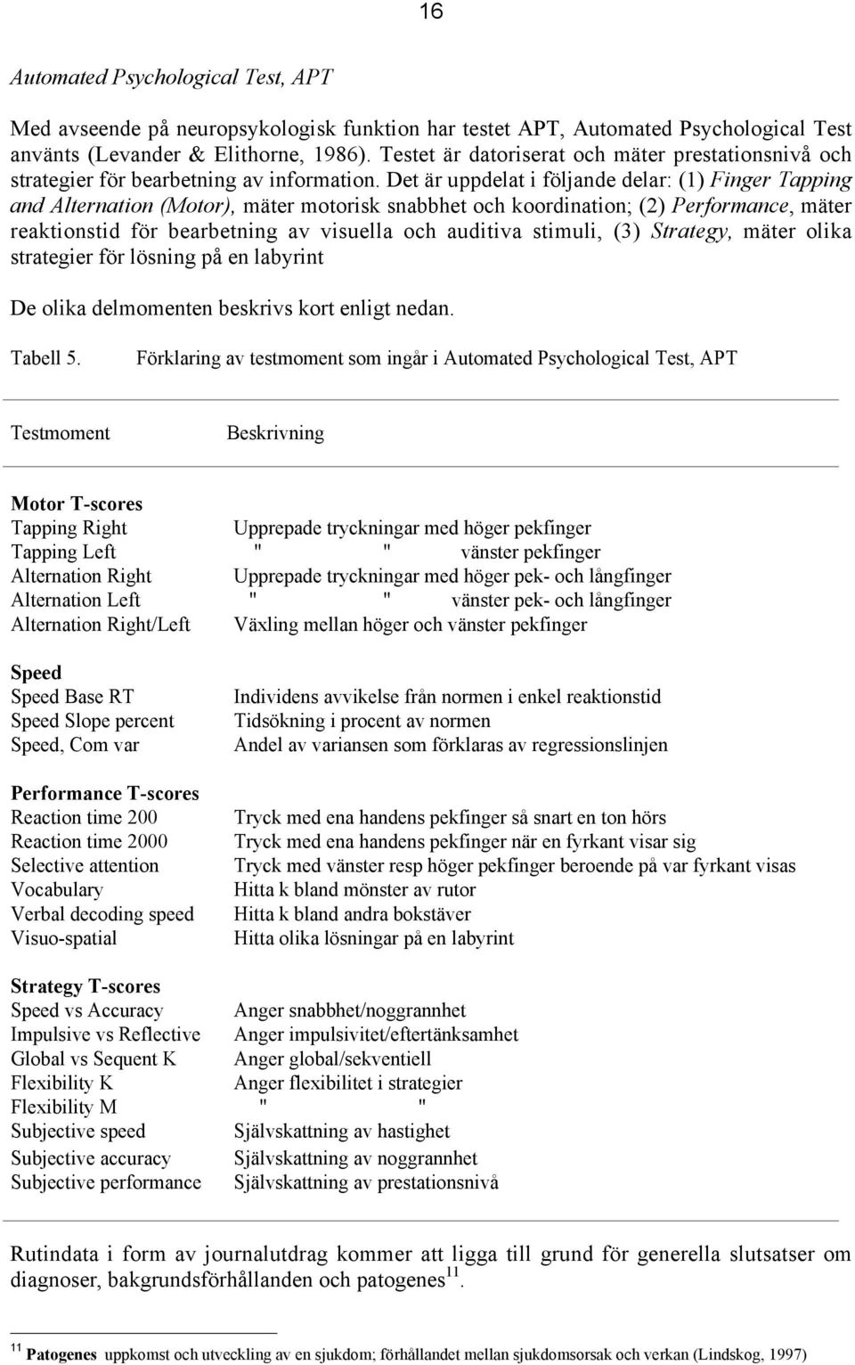 Det är uppdelat i följande delar: (1) Finger Tapping and Alternation (Motor), mäter motorisk snabbhet och koordination; (2) Performance, mäter reaktionstid för bearbetning av visuella och auditiva