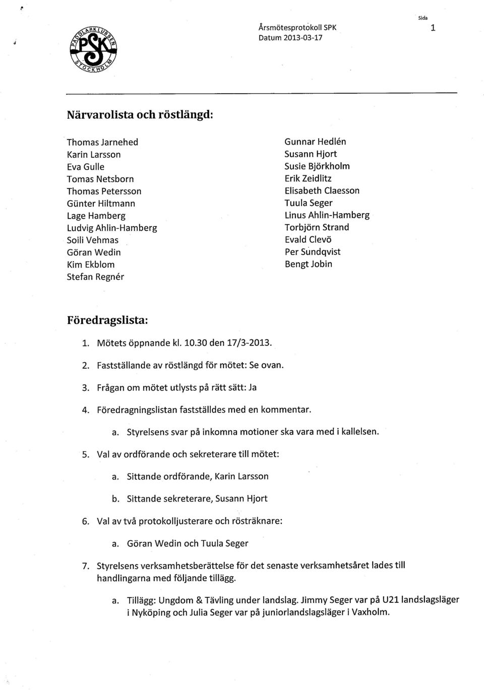 Föredragslista: 1. Mötets öppnande kl. 10.30 den 17/3-2013. 2. Fastställande av röstlängd för mötet: Se ovan. 3. Frågan om mötet utlysts på rätt sätt: Ja 4.