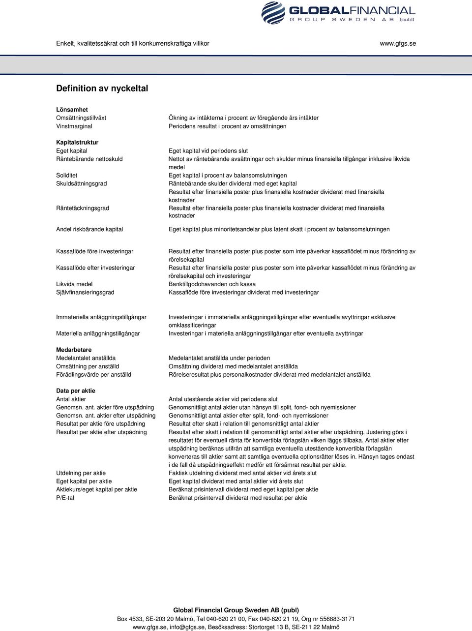 finansiella tillgångar inklusive likvida medel Eget kapital i procent av balansomslutningen Räntebärande skulder dividerat med eget kapital Resultat efter finansiella poster plus finansiella