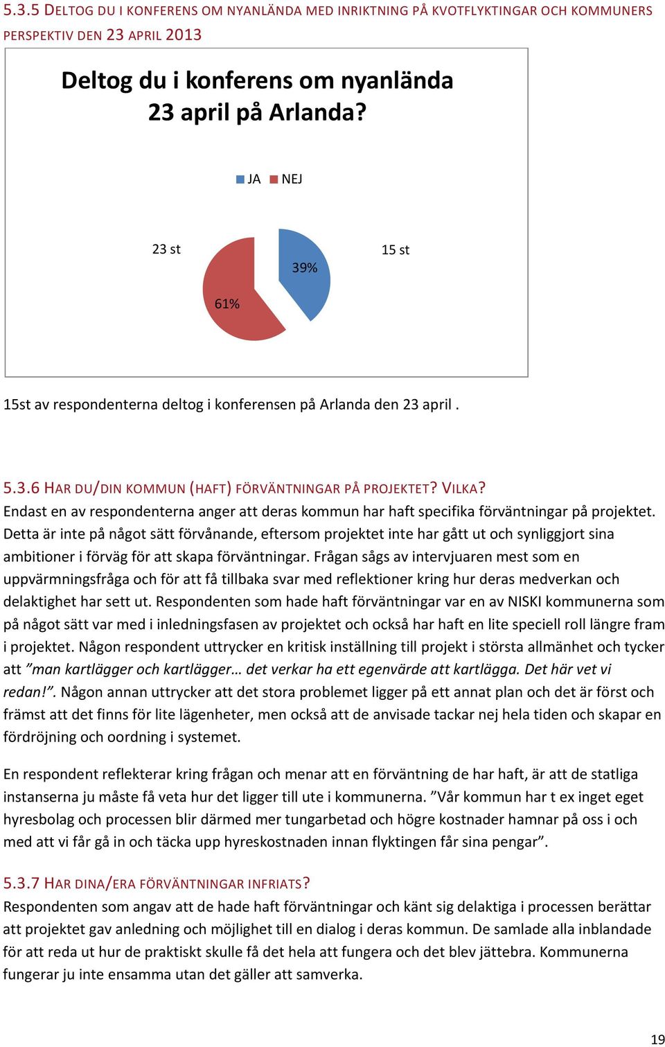 Endast en av respondenterna anger att deras kommun har haft specifika förväntningar på projektet.