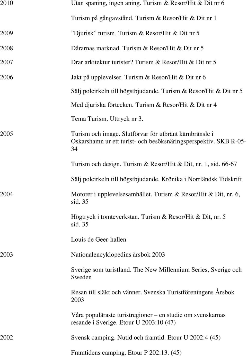 Turism & Resor/Hit & Dit nr 5 Med djuriska förtecken. Turism & Resor/Hit & Dit nr 4 Tema Turism. Uttryck nr 3. 2005 Turism och image.