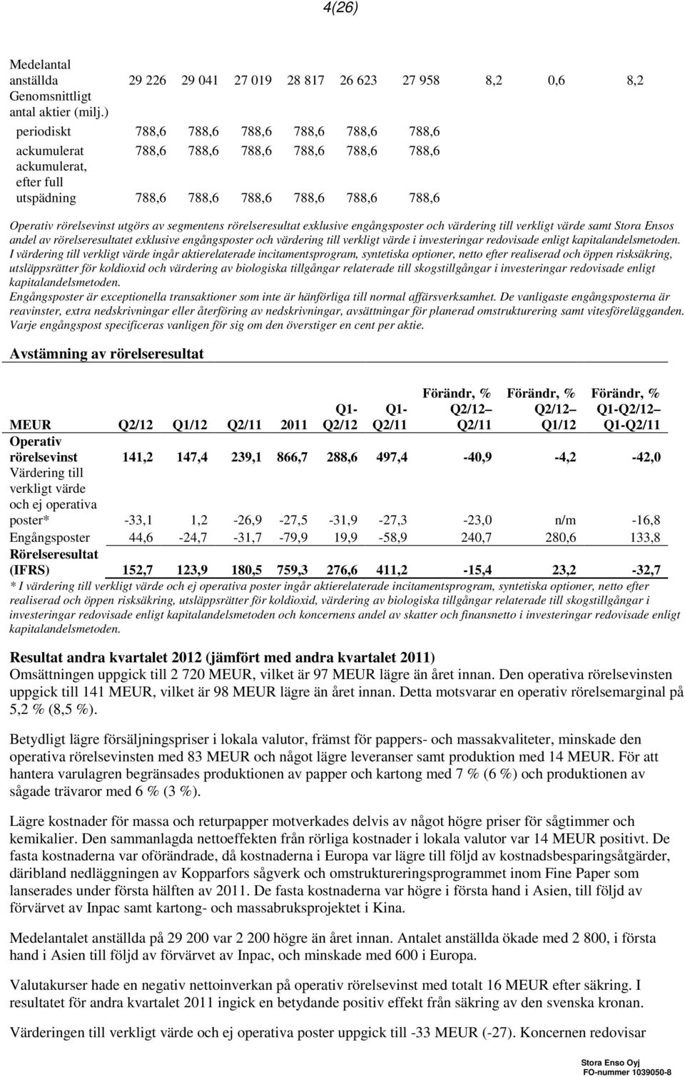 segmentens rörelseresultat exklusive engångsposter och värdering till verkligt värde samt Stora Ensos andel av rörelseresultatet exklusive engångsposter och värdering till verkligt värde i