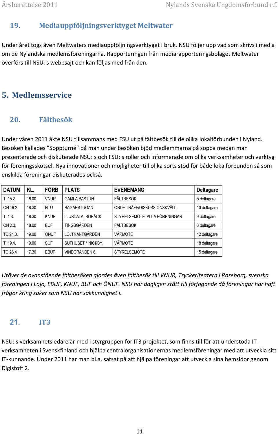 Fältbesök Under våren 2011 åkte NSU tillsammans med FSU ut på fältbesök till de olika lokalförbunden i Nyland.