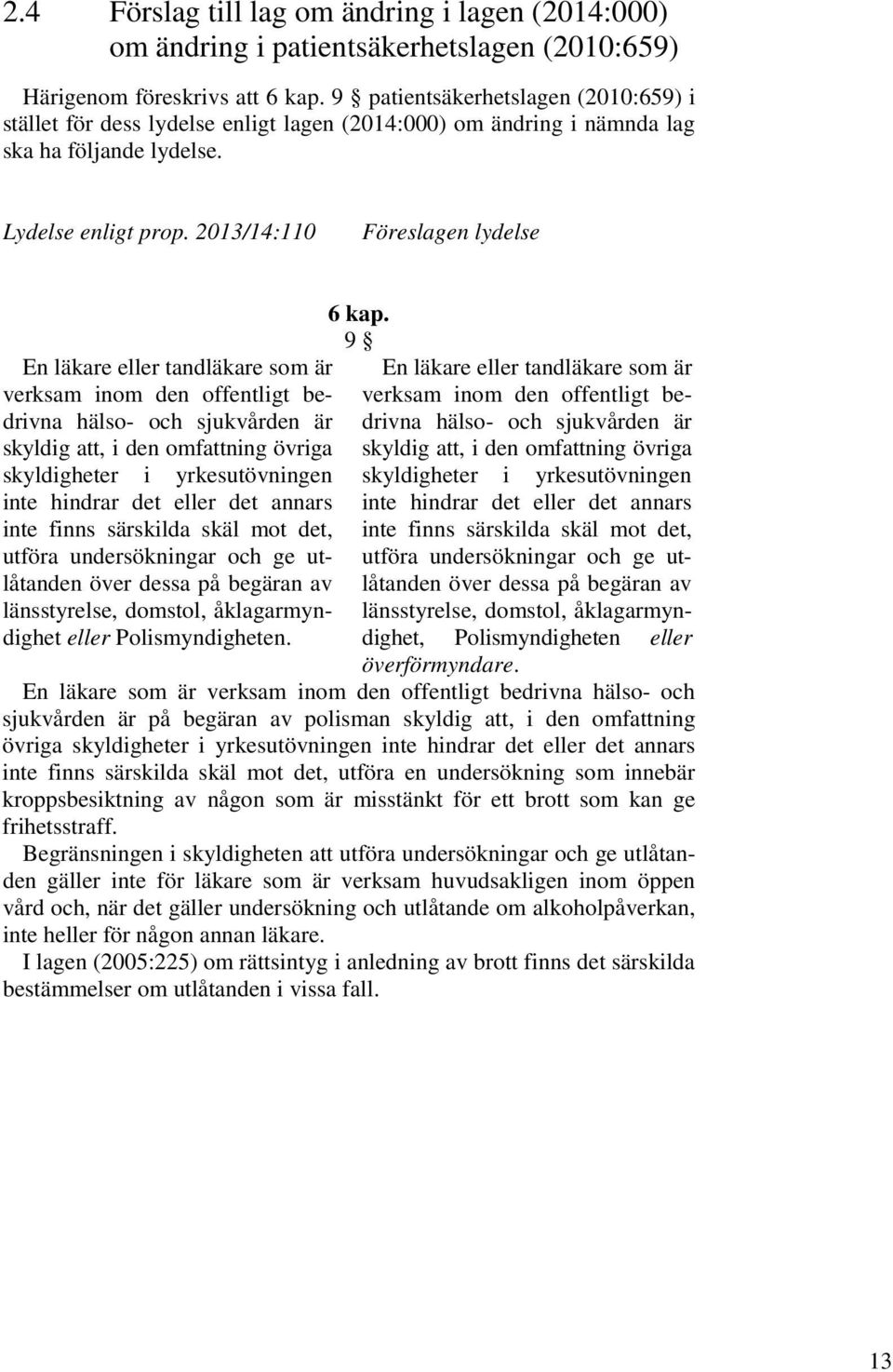 2013/14:110 Föreslagen lydelse En läkare eller tandläkare som är verksam inom den offentligt bedrivna hälso- och sjukvården är skyldig att, i den omfattning övriga skyldigheter i yrkesutövningen inte