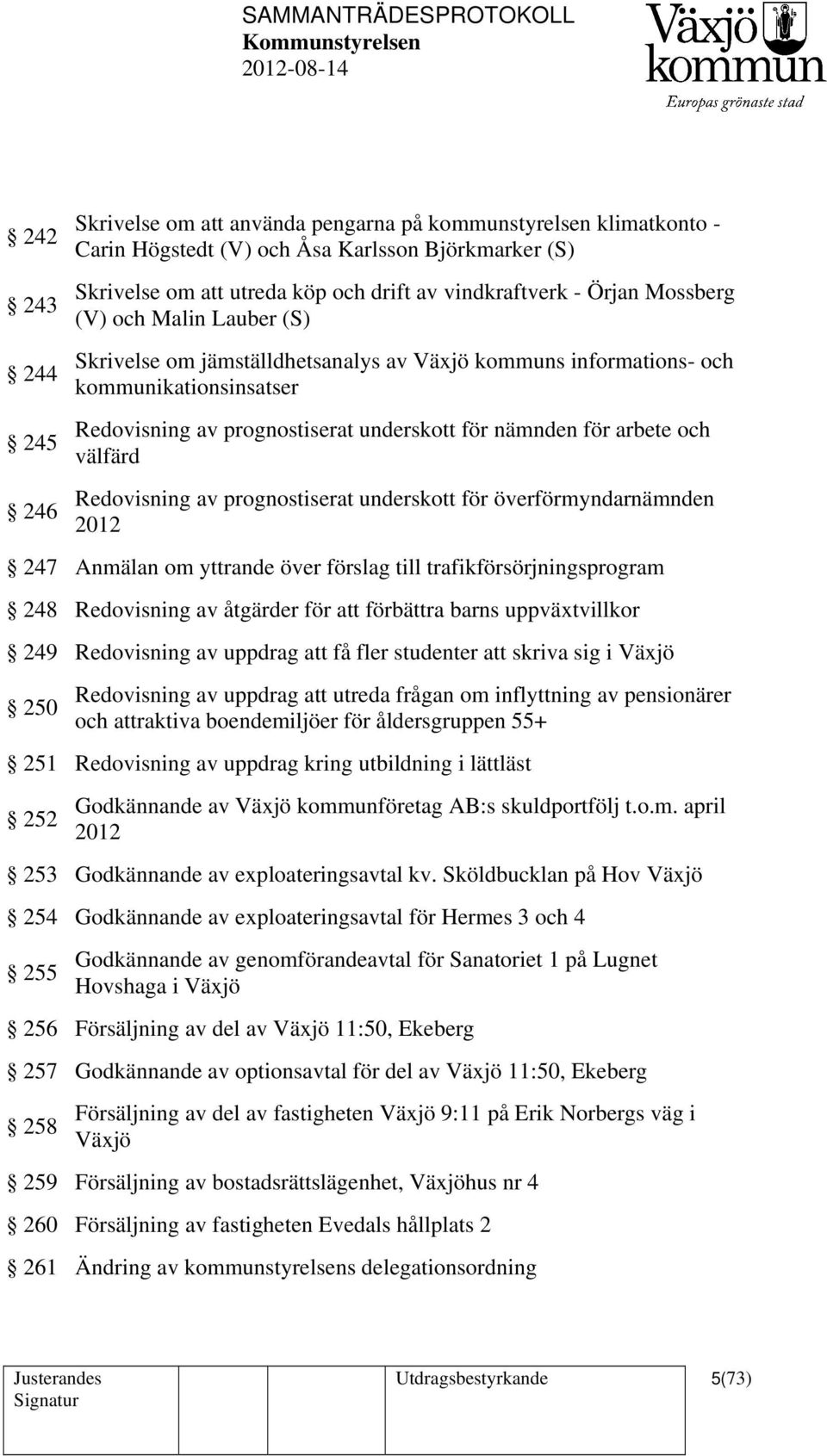 välfärd Redovisning av prognostiserat underskott för överförmyndarnämnden 2012 247 Anmälan om yttrande över förslag till trafikförsörjningsprogram 248 Redovisning av åtgärder för att förbättra barns