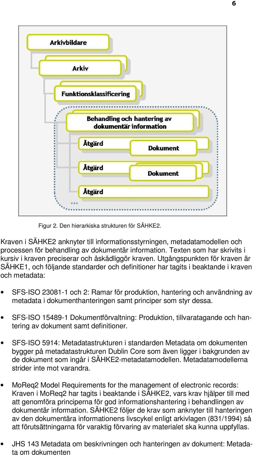 Utgångspunkten för kraven är SÄHKE1, och följande standarder och definitioner har tagits i beaktande i kraven och metadata: SFS-ISO 23081-1 och 2: Ramar för produktion, hantering och användning av