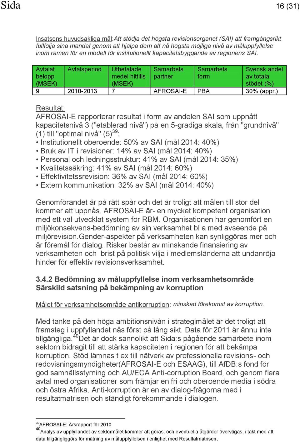 ) Resultat: AFROSAI-E rapporterar resultat i form av andelen SAI som uppnått kapacitetsnivå 3 ("etablerad nivå") på en 5-gradiga skala, från "grundnivå" (1) till "optimal nivå" (5) 39 :