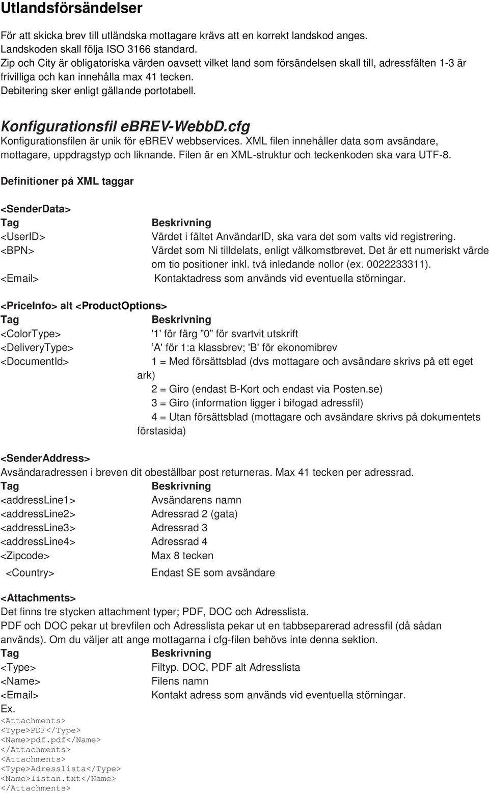 Konfigurationsfil ebrev-webbd.cfg Konfigurationsfilen är unik för ebrev webbservices. XML filen innehåller data som avsändare, mottagare, uppdragstyp och liknande.