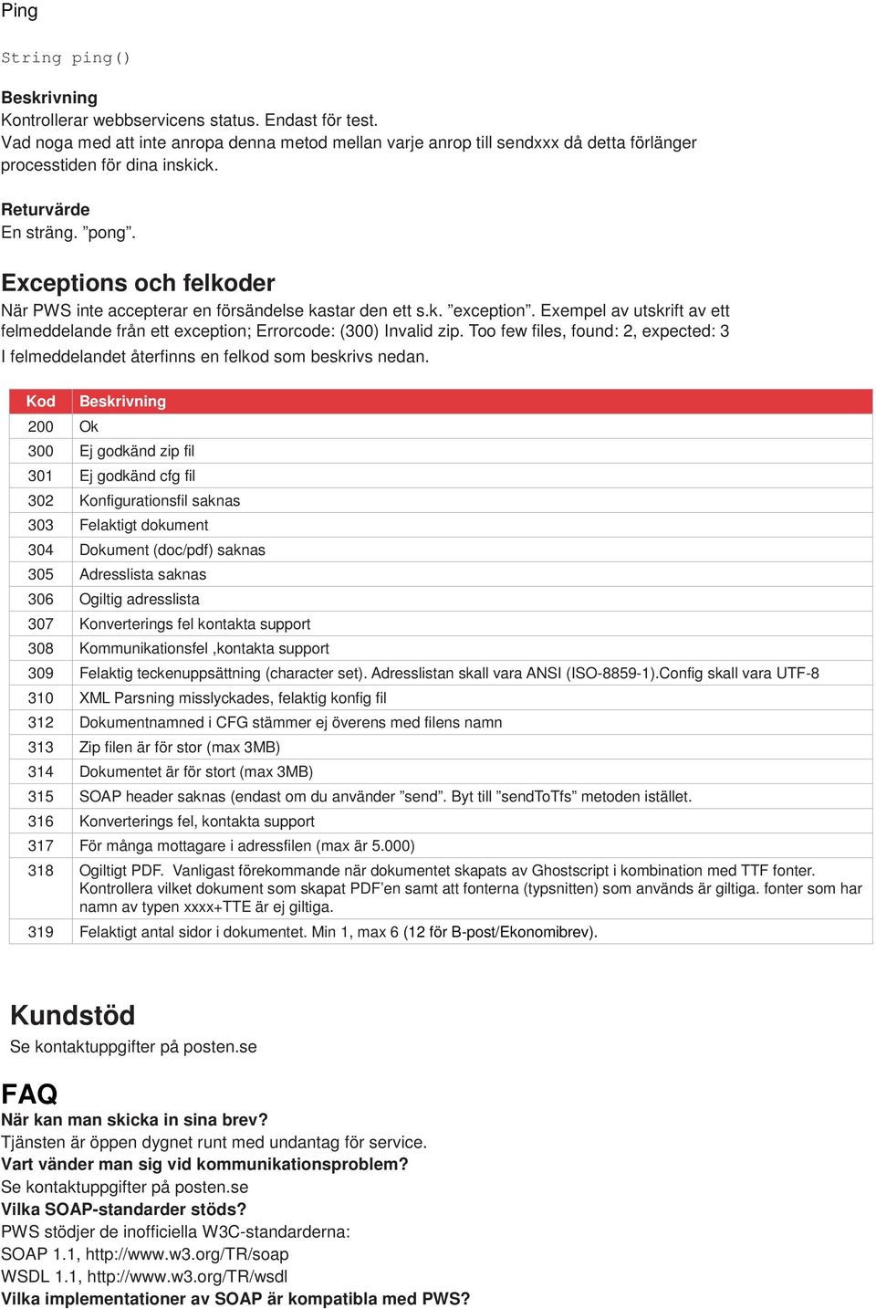 Exceptions och felkoder När PWS inte accepterar en försändelse kastar den ett s.k. exception. Exempel av utskrift av ett felmeddelande från ett exception; Errorcode: (300) Invalid zip.