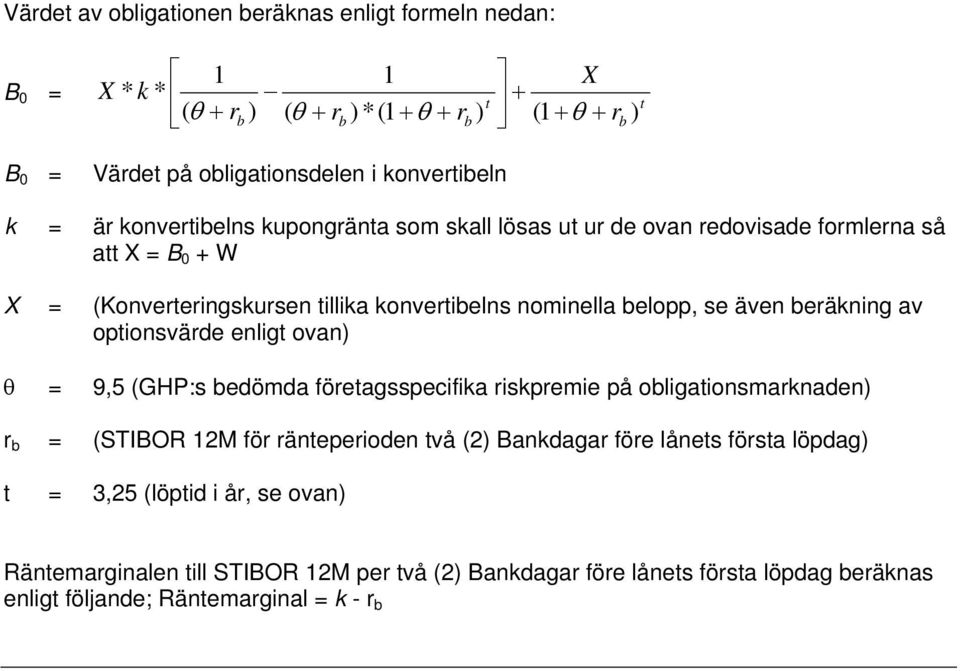 beräkning av optionsvärde enligt ovan) = 9,5 (GHP:s bedömda företagsspecifika riskpremie på obligationsmarknaden) r b = (STIBOR 12M för ränteperioden två (2) Bankdagar före