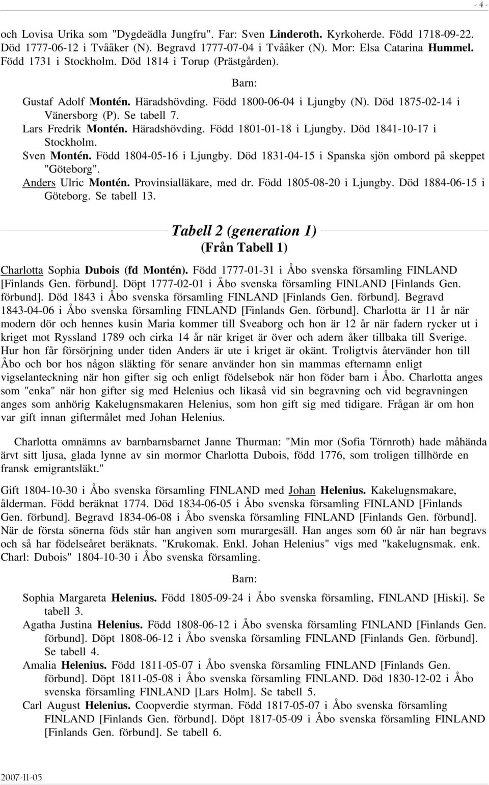 Häradshövding. Född 1801-01-18 i Ljungby. Död 1841-10-17 i Stockholm. Sven Montén. Född 1804-05-16 i Ljungby. Död 1831-04-15 i Spanska sjön ombord på skeppet "Göteborg". Anders Ulric Montén.