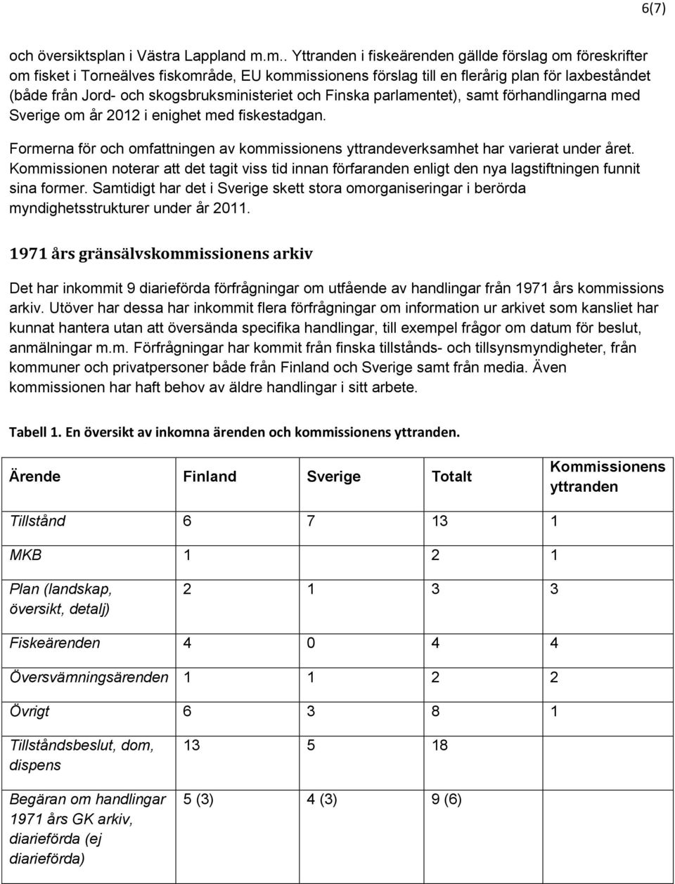 skogsbruksministeriet och Finska parlamentet), samt förhandlingarna med Sverige om år 2012 i enighet med fiskestadgan.