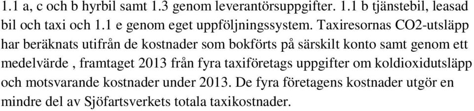 Taxiresornas CO2-utsläpp har beräknats utifrån de kostnader som bokförts på särskilt konto samt genom ett