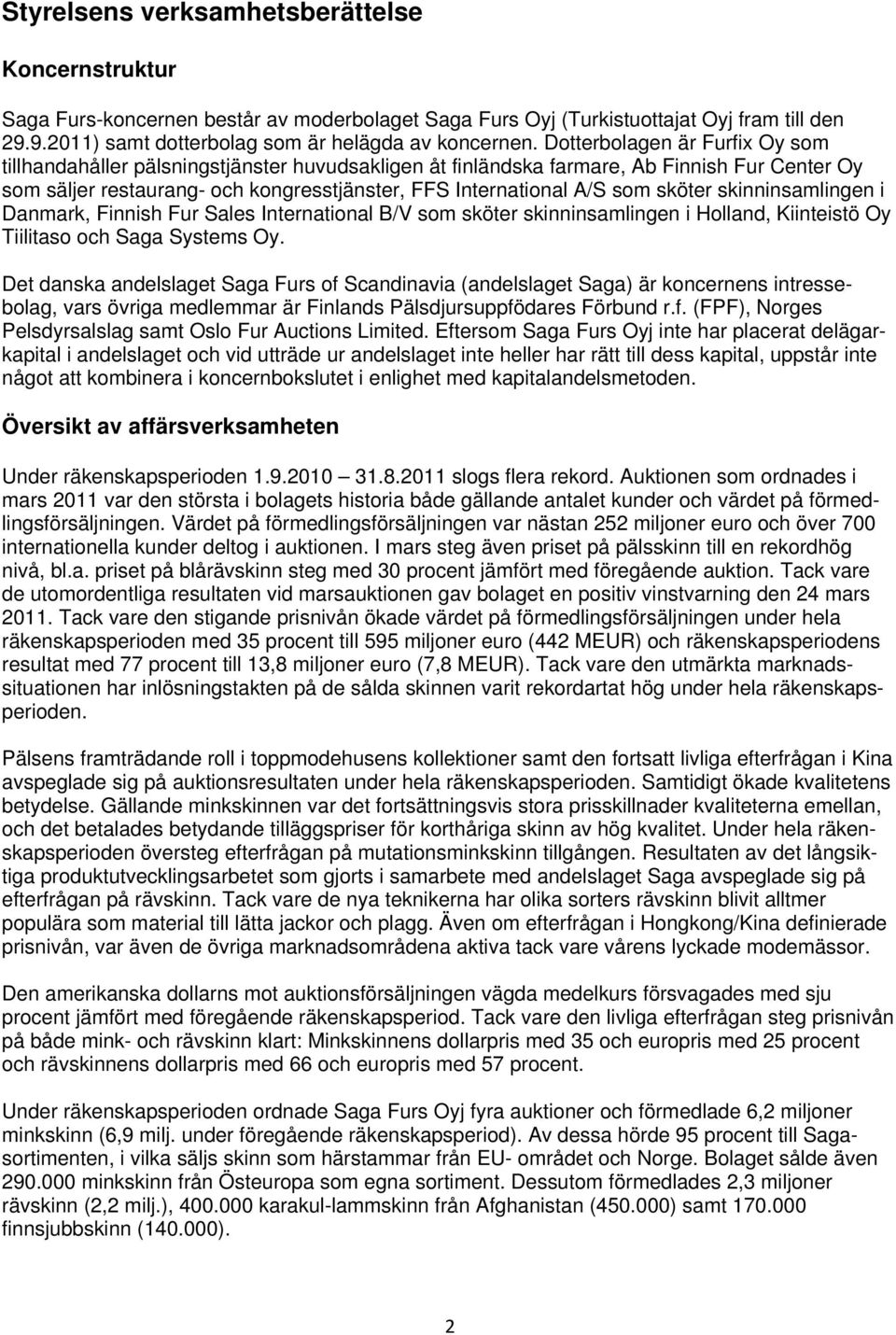 sköter skinninsamlingen i Danmark, Finnish Fur Sales International B/V som sköter skinninsamlingen i Holland, Kiinteistö Oy Tiilitaso och Saga Systems Oy.