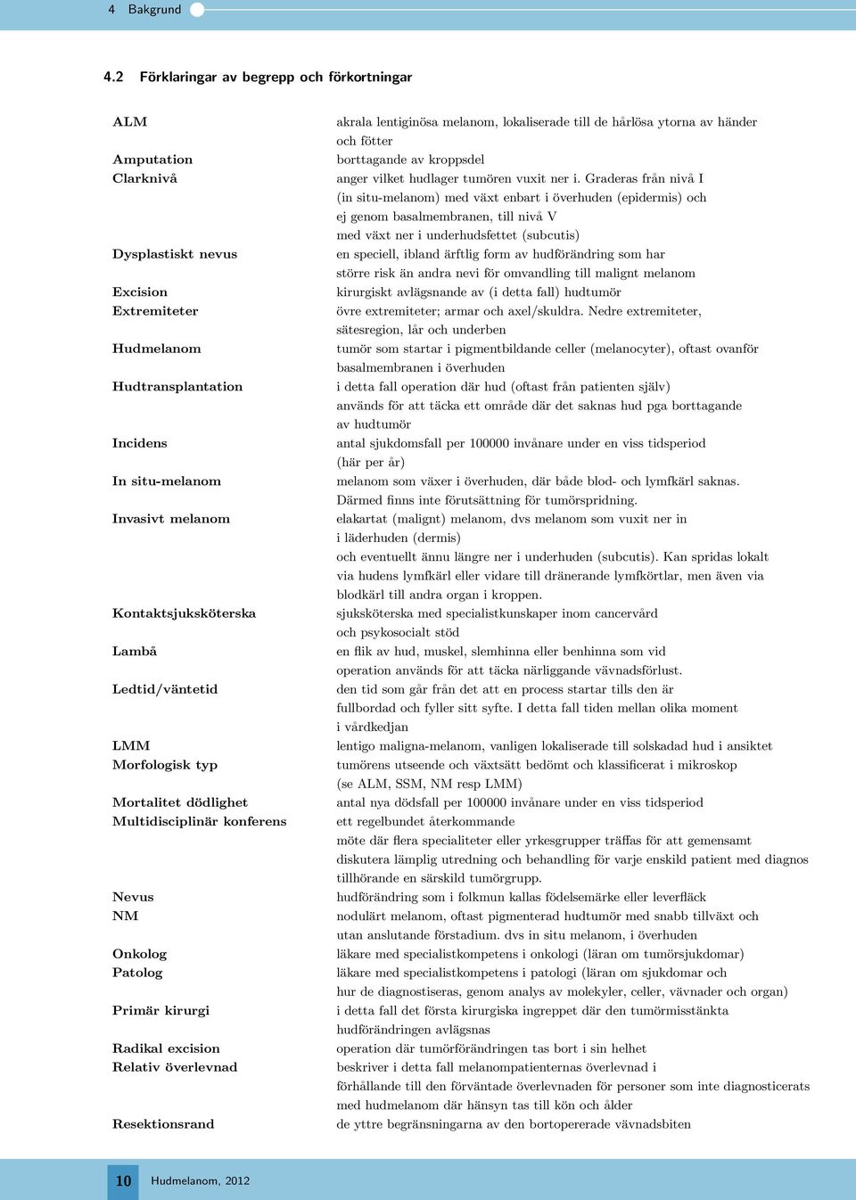 Kontaktsjuksköterska Lambå Ledtid/väntetid LMM Morfologisk typ Mortalitet dödlighet Multidisciplinär konferens Nevus NM Onkolog Patolog Primär kirurgi Radikal excision Relativ överlevnad