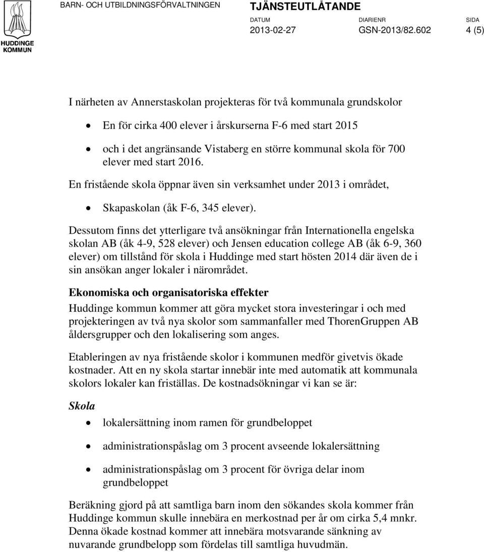 700 elever med start 2016. En fristående skola öppnar även sin verksamhet under 2013 i området, Skapaskolan (åk F-6, 345 elever).