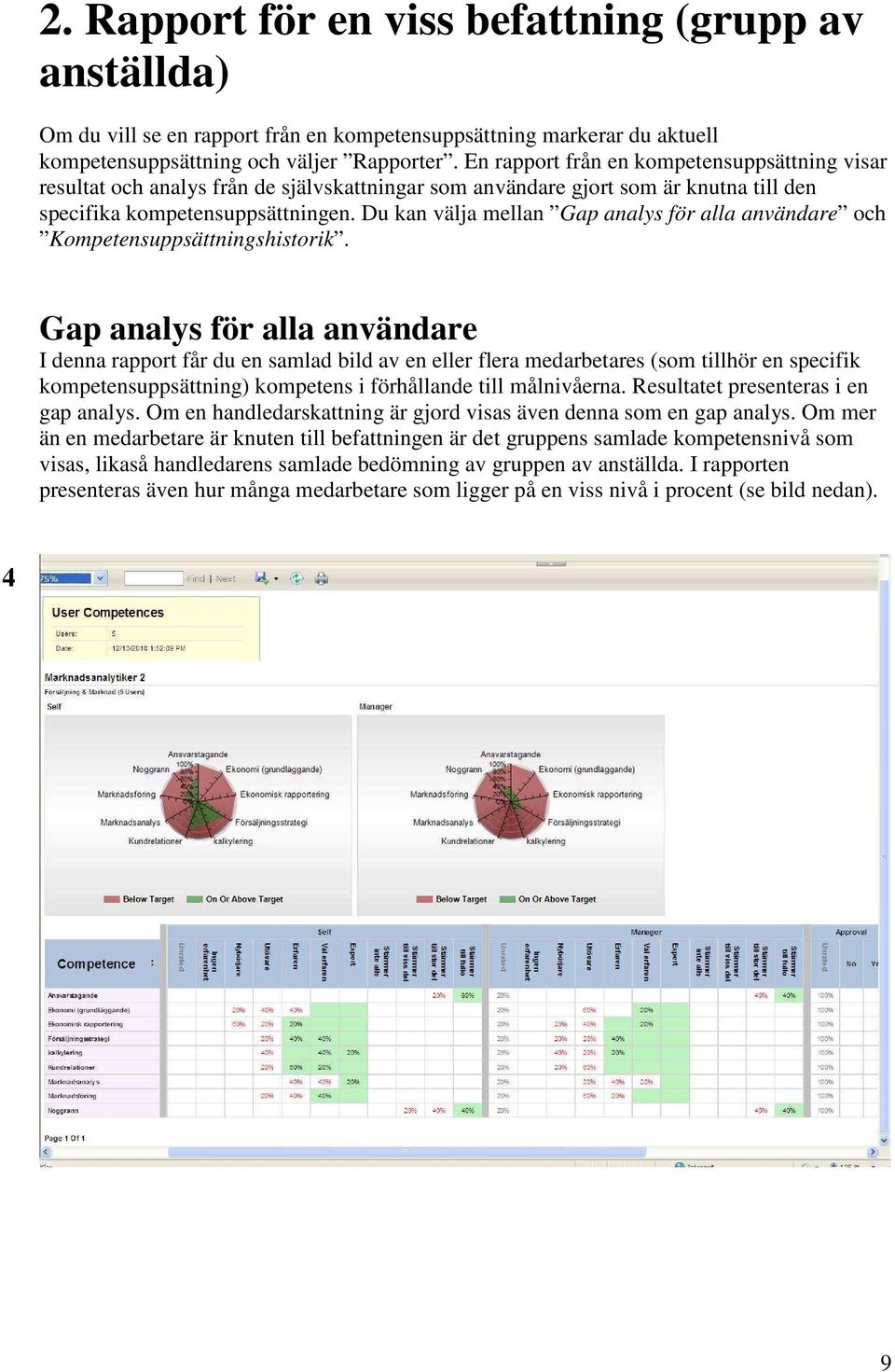 Du kan välja mellan Gap analys för alla användare och Kompetensuppsättningshistorik.