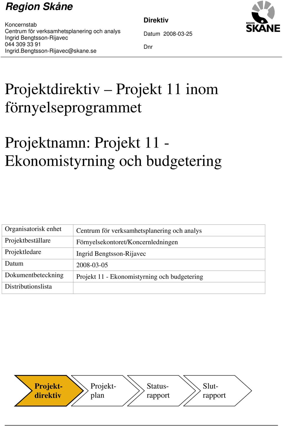 se Direktiv 2008-03-25 Dnr Projektdirektiv Projekt 11 inom förnyelseprogrammet Projektnamn: Projekt 11 - Organisatorisk
