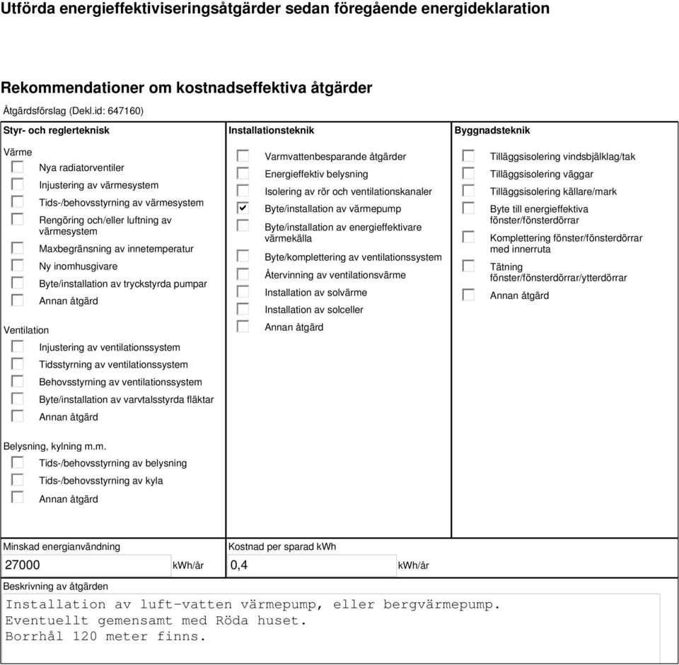 innetemperatur Ny inomhusgivare Byte/installation av tryckstyrda pumpar Injustering av ventilationssystem Tidsstyrning av ventilationssystem Behovsstyrning av ventilationssystem Byte/installation av