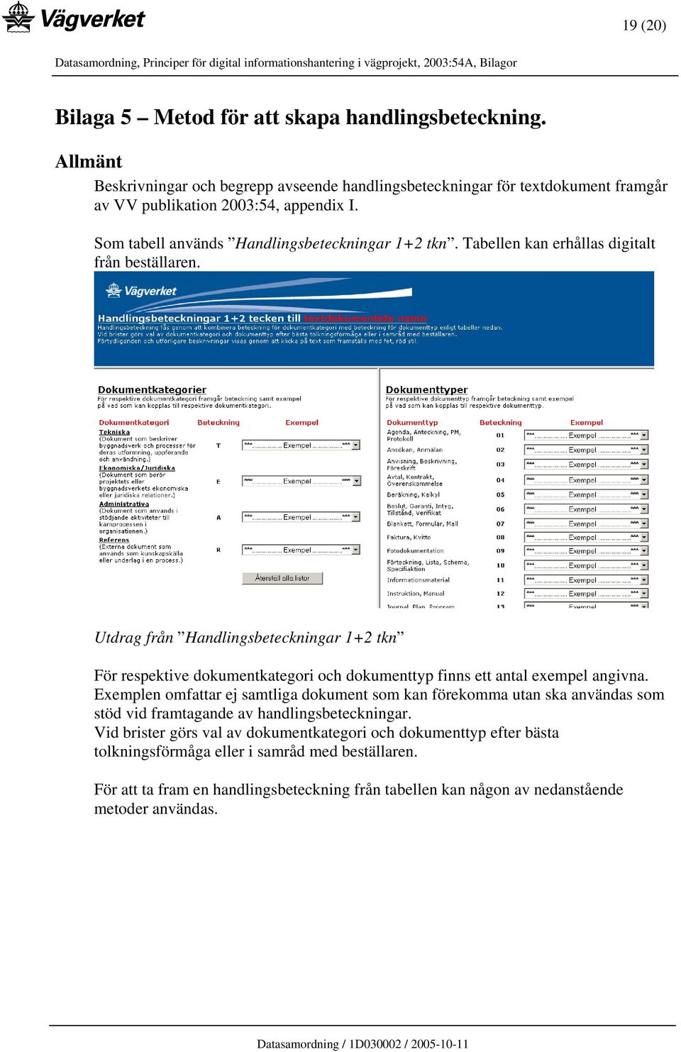 Utdrag från Handlingsbeteckningar 1+2 tkn För respektive dokumentkategori och dokumenttyp finns ett antal exempel angivna.